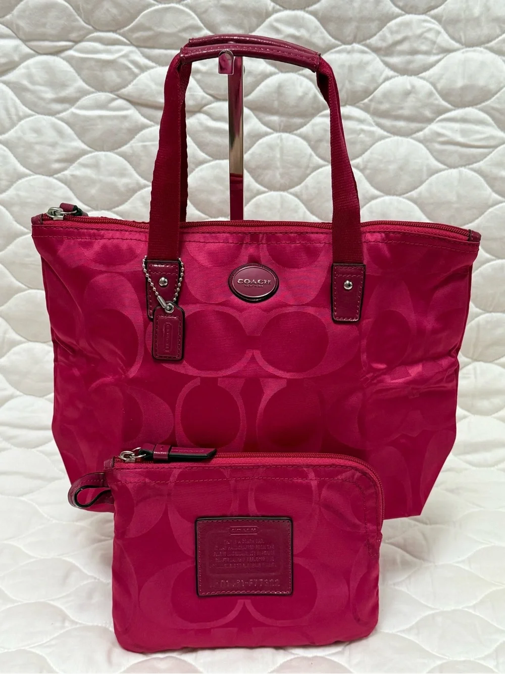 Coach Pink Mini Weekender Nylon Signature Tote with Matching Pouch